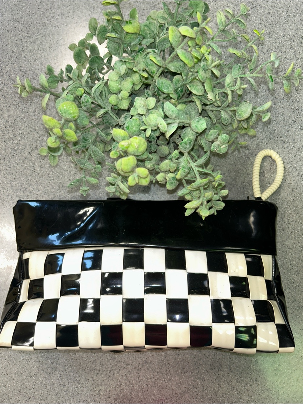 RARE VINTAGE Black & White Checkered Patent Clutch Bag